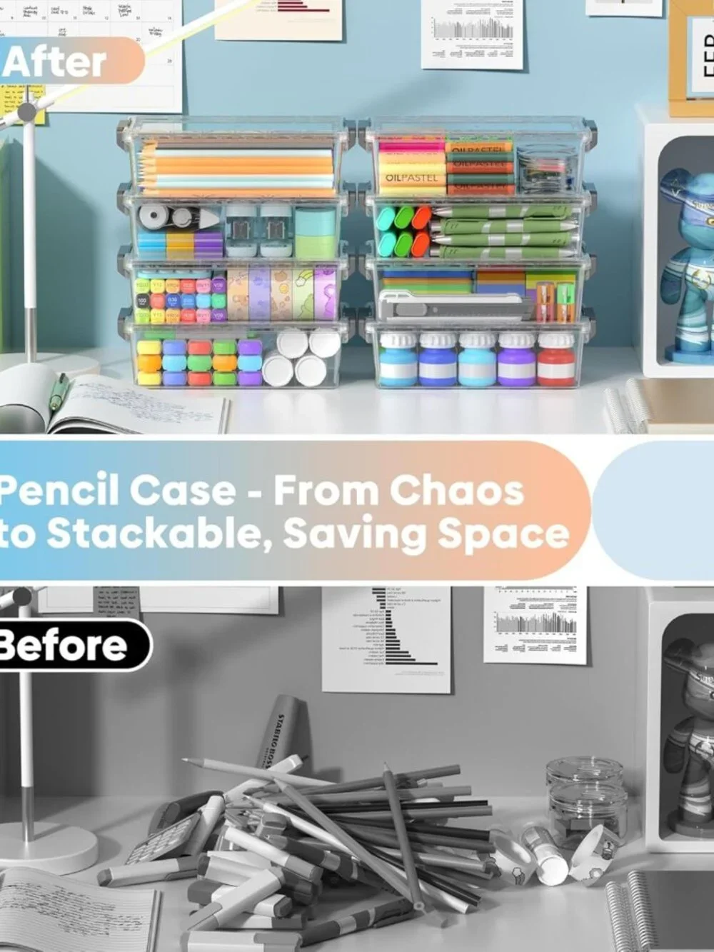 8 Pack Clear Pencil Case Set - Stackable Craft Organizers for Art Supplies